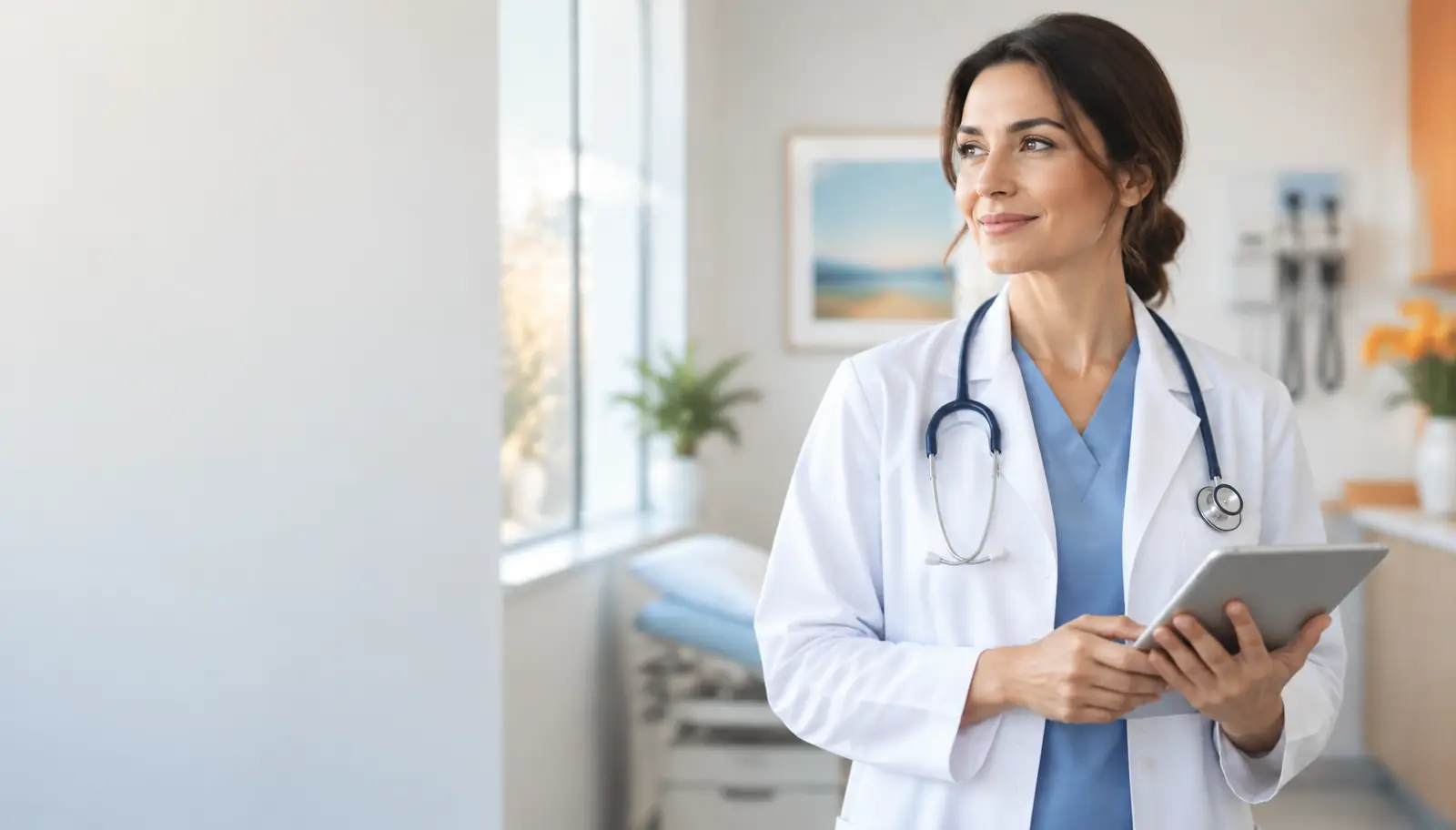 Physician in a white coat with a stethoscope holding a tablet in a bright clinic